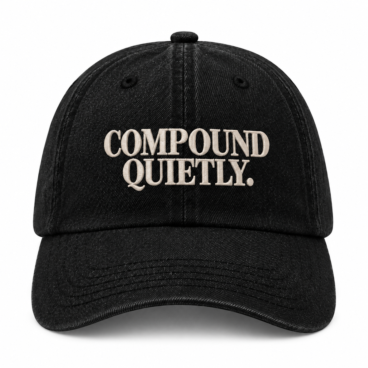 Compound Quietly™ Denim Cap in black, front embroidery