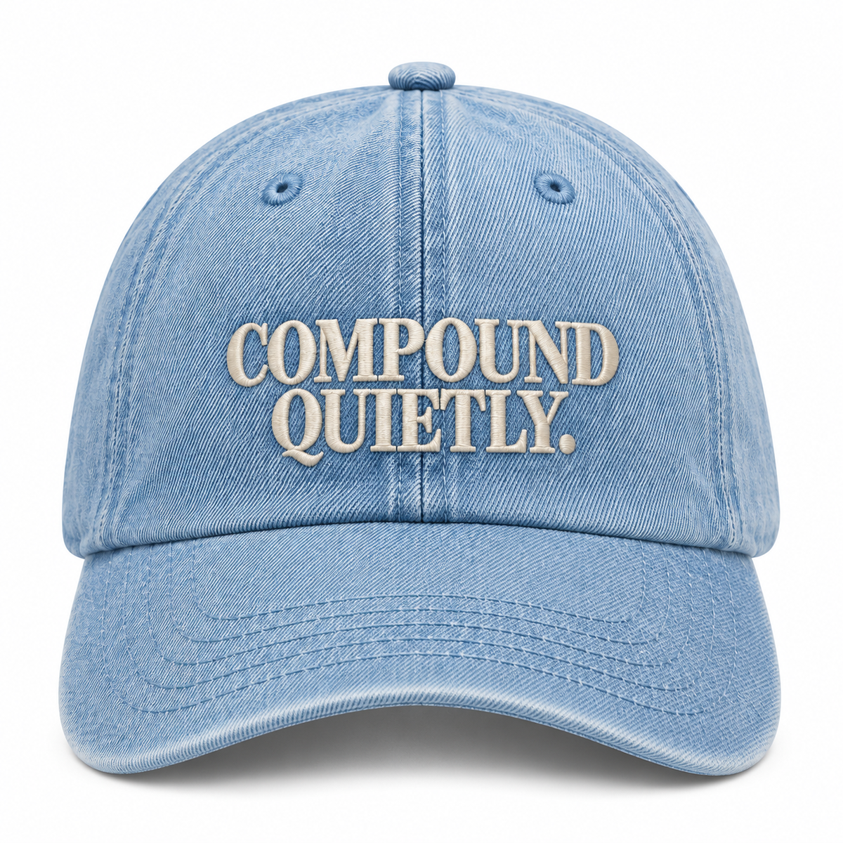 Compound Quietly™ Denim Cap in light blue, front embroidery