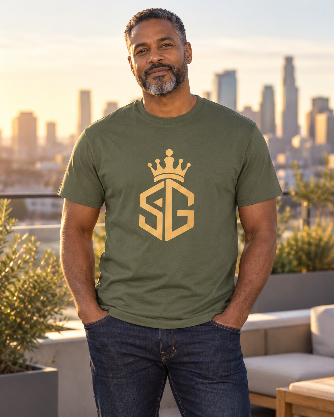 Crown SG Mono Tee in Hemp, front, worn on a city rooftop
