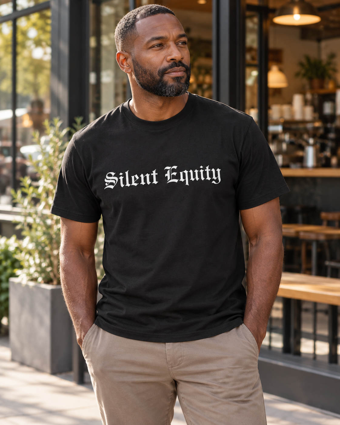 Silent Equity Tee, front, worn in afternoon light