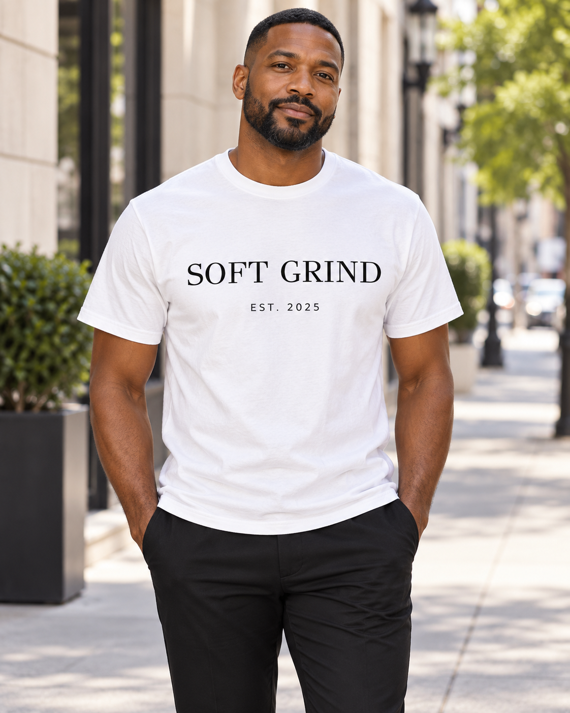 SOFT GRIND™ EST. 2025 Tee, front, worn in the city