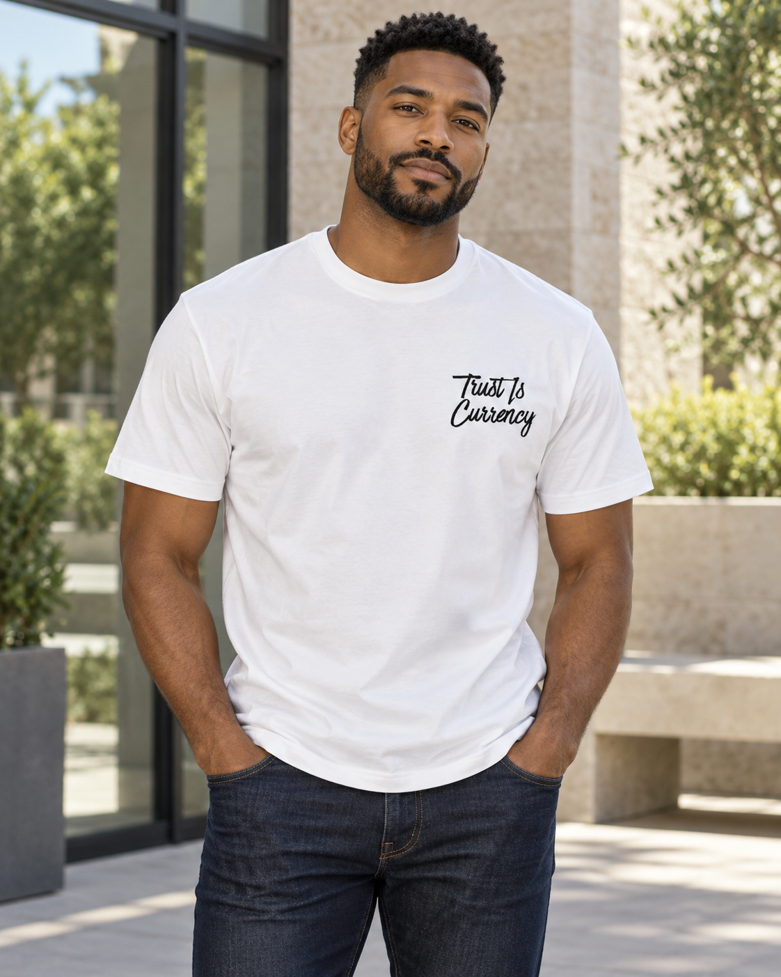 Trust Is Currency™ Tee, front, worn in daylight